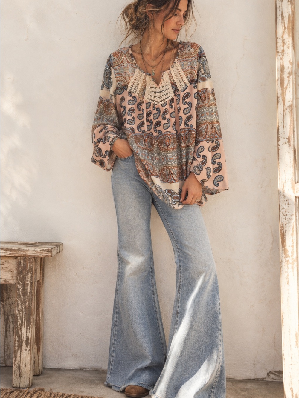 One World Boho Paisley Crochet-Neck Peasant Top - Picture 2 of 3